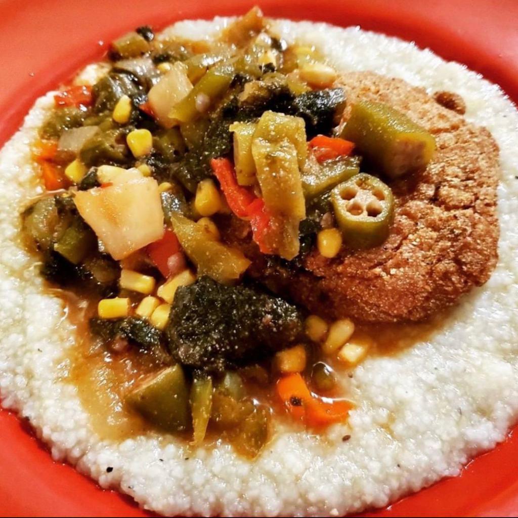 Southern Fried Tofu Bowl · Buttery grits, crispy tofu, topped with our okra gumbo.