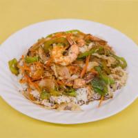 SHRIMP TERIYAKI · JUMBO SHRIMP GRILLED WITH FRESH CHOPPED VEGGIES, PLACED ON A BED OF WHITE RICE THEN DROWNED ...
