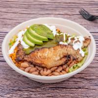 Fish Bowl · Served with rice, beans, lettuce, guacamole, sour cream, onions, cilantro and topped with ci...