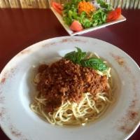 Spaghetti Meat Ball · Served with a house salad.
