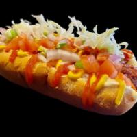 Mexican Hot Dog · Bacon-wrapped hot dog fried up and served with cabbage, tomatoes, red onions, jalapenos, ket...