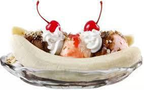 Banana Split · 3 scoops of ice cream in between a split banana loaded with 3 toppings, whipped cream, and a...
