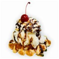 Hot Waffle Sundae · Warm Belgium waffle topped with your favorite ice cream and whipped cream and drizzled with ...