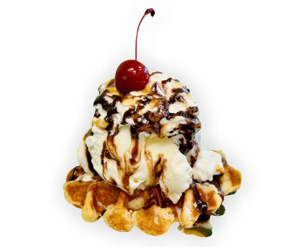 Hot Waffle Sundae · Warm Belgium waffle topped with your favorite ice cream and whipped cream and drizzled with chocolate and caramel sauce.