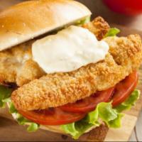 Fish Filet Sub · Breaded wild Alaskan pollock file on a toasted sub roll, with your choice of free fixings.