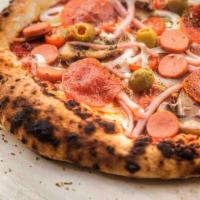Amore Pizza · Tomato sauce, mozzarella cheese, onion, mushrooms, cherry tomatoes, pepperoni, sausage, ham,...