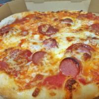 Pepperoni and Sausage Pizza · Tomato sauce, fresh mozzarella, pepperoni and sausage.