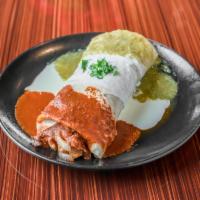 Bandera Burrito Specialty · Sauteed chicken, steak, shrimp, chorizo, beans, rice, onions, lettuce, pico de gallo and gua...