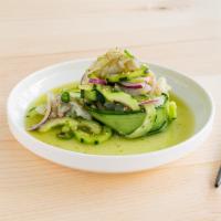 Aguachile Verde · Raw shrimp, cilantro, red onions and cucumber marinated in lime juice and serrano green cucu...