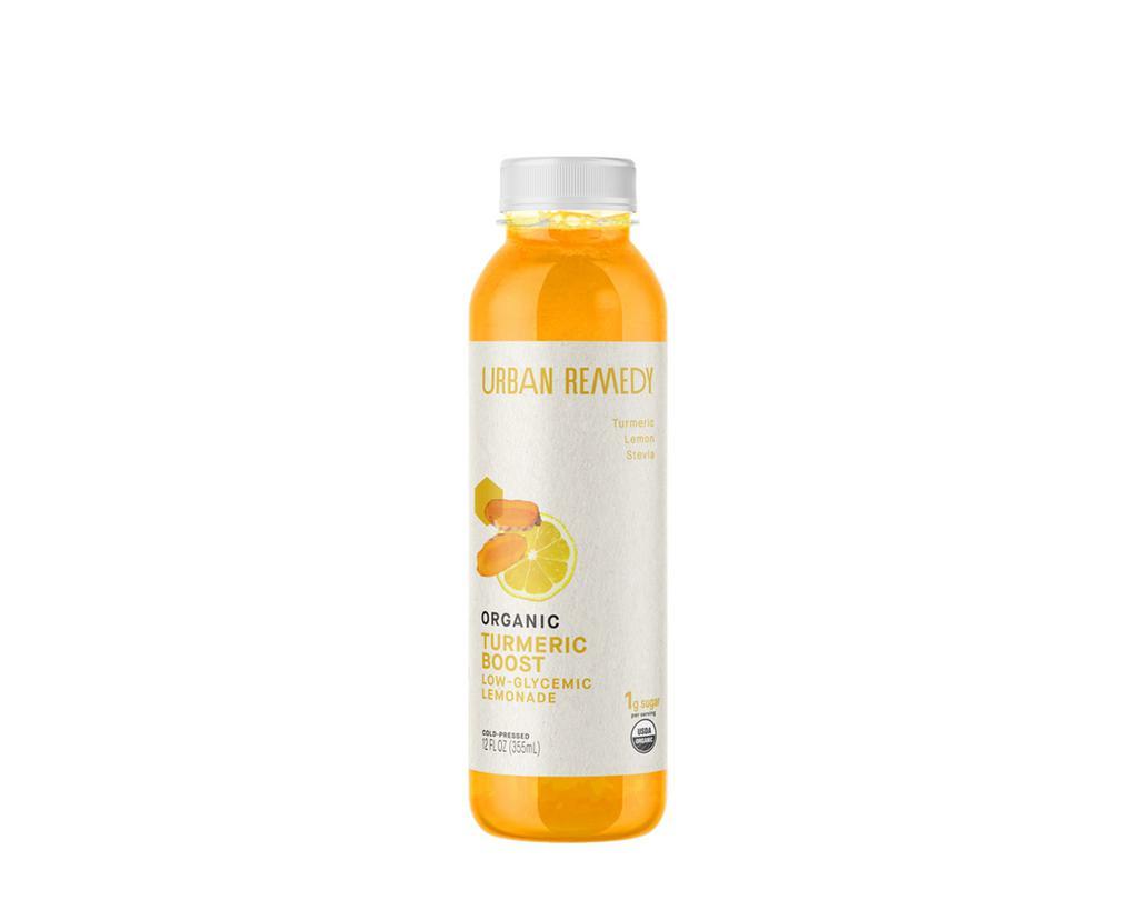 Urban Remedy Turmeric Boost Lemonade 12 oz (VG, GF) · By Urban Remedy. Boost is a better-for-you lemonade that packs a turmeric punch to reduce inflammation and increase circulation. Spring forward with this low-glycemic, high-energy blend of filtered water, fresh lemons, and stevia. Your new (mouthwatering) workout sidekick. All of our products are organic, gluten-free, dairy-free, and non-GMO. Vegan. We cannot make substitutions.