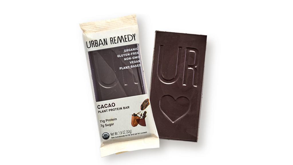Urban Remedy Cacao Plant Protein Bar (VG, GF)  · By Urban Remedy. An Urban Remedy favorite, our plant-based protein bar converts healthy fats into all-day energy. Made with cacao, flax seeds, almond flour, coconut, vanilla, cinnamon, and Himalayan pink salt, this slightly sweet treat is your morning jumpstart or your afternoon reviver—it’s also a great addition to your pre or post workout regimen. All of our products are organic, gluten-free, dairy-free, and non-GMO. Vegan. We cannot make substitutions.