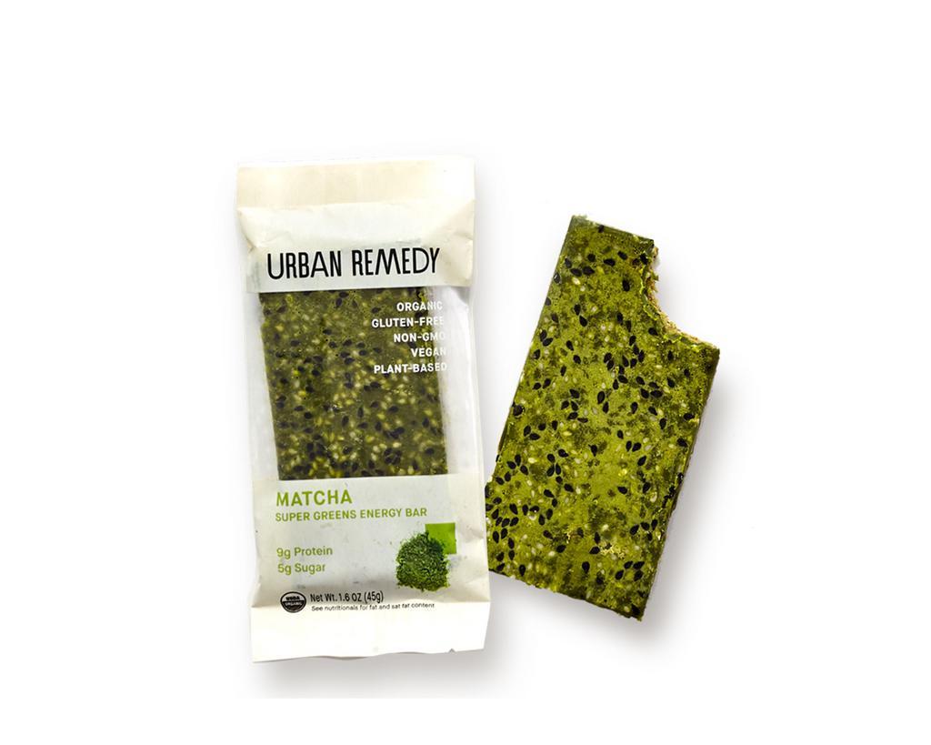 Urban Remedy Matcha Energy Bar (VG, GF) · By Urban Remedy. Packed with antioxidants, our Matcha green tea bar is high in protein, low in sugar, and made with healthy fats and caffeine to boost energy levels and burn calories throughout the day. Made from cacao butter, matcha powder, coconut, cashews, almonds, seeds, a hint of cinnamon, and a blend of greens, this fiber-rich bar is a Paleo-friendly meal replacement or an energizing afternoon snack. All of our products are organic, gluten-free, dairy-free, and non-GMO. Vegan. We cannot make substitutions.