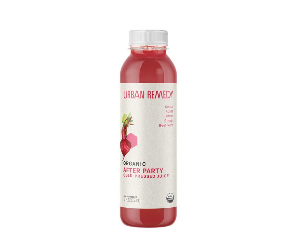 Urban Remedy After Party 12 oz (VG, GF) · By Urban Remedy. After Party replenishes your body and quenches your thirst whether you’ve been partying the night before or not. With a nod to Traditional Chinese Medicine, this mouthwatering juice blends beet root, carrot, ginger, apple, and lemon to detox your liver, boost your digestive tract, lower inflammation, and calm your spirit. Here's to your newest weekend staple. All of our products are organic, gluten-free, dairy-free, and non-GMO. Vegan. We cannot make substitutions.