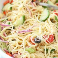 Spaghetti Salad  · House sauce, tomatoes, cucumber, 2 types of cheese. Add seafood for an additional charge.