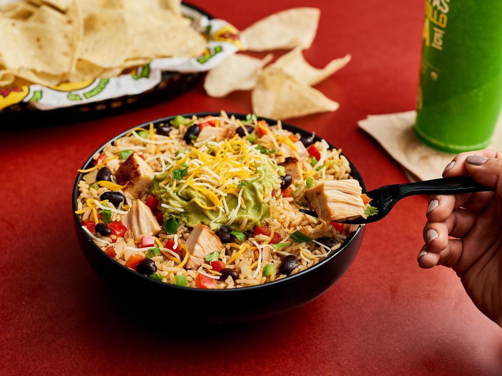 Earmuffs Burrito Bowl · Served with your choice of protein, seasoned rice, beans, shredded cheese, pico de gallo, and handmade guacamole. Protein options include all-natural steak, chicken, ground beef or organic tofu.
