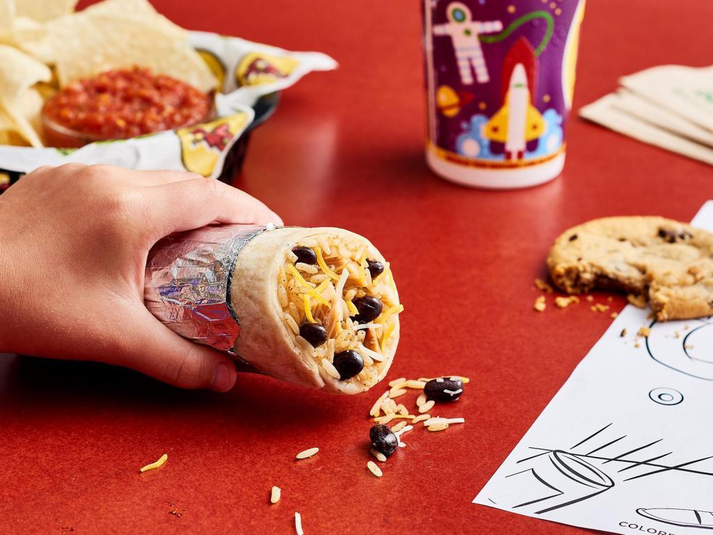 Kids Moo Moo Mr. Cow Burrito · Our kid-sized burrito is served with your choice of adobo chicken or ground beef, seasoned rice, beans and shredded cheese. Plus, every kids' meal includes a cookie, a kid-sized drink and free chips and salsa!