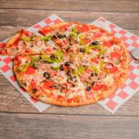 Supreme Pizza · Meat and vegetables, sliced pepperoni, Italian sausage, smoked ham, fresh onions, roasted gr...