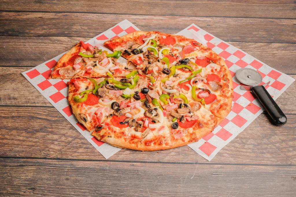 Supreme Pizza · Meat and vegetables, sliced pepperoni, Italian sausage, smoked ham, fresh onions, roasted green peppers, mushrooms and Spanish black olives.