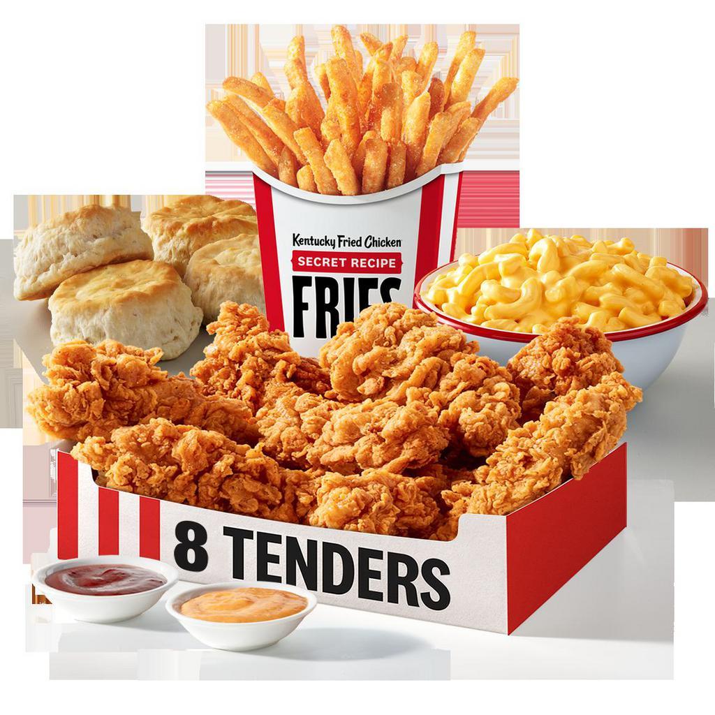 8 Tenders Meal · 8 pieces of our freshly prepared Extra Crispy Tenders, 2 large sides of your choice, 4 biscuits and 4 dipping sauces.