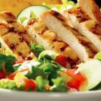 Simply Grilled Chicken Salad · Grilled chicken breast, Cheddar, tomatoes, croutons and cucumbers on mixed greens. Served wi...
