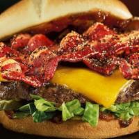 Smoke & Pepper™ Burger · Black-peppered bacon, Cheddar, shredded romaine, dill pickle planks and Smoke & Pepper™ ketc...