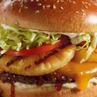 Banzai Burger · The burger of beach bums, surfer dudes and hungry people. Glazed in teriyaki and topped with...
