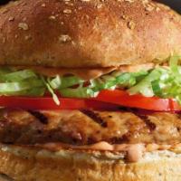 Grilled Turkey Burger · Gobble up our deliciously seasoned turkey patty with zesty chipotle aioli, lettuce and tomat...
