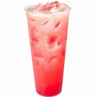 Strawberry Fruit Tea · Fresh strawberries blended with strawberry infused Jasmine green tea served over ice.