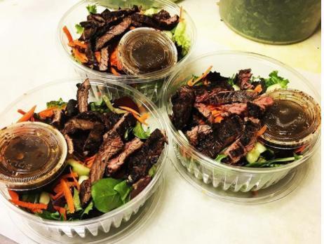 67. Skirt Steak Salad · Mixed greens with charbroiled skirt steak, cherry tomato, shaved carrots, cucumber and blue cheese with balsamic vinaigrette dressing.