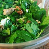 69. Tuscan Spinach Salad · Baby spinach, caramelized pecans and feta cheese with grilled chicken with lemon vinaigrette...