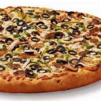 ExtraMostBestest Veggie Pizza · Large round pizza with green pepper, onions, mushrooms, black olives and Italian seasoning.