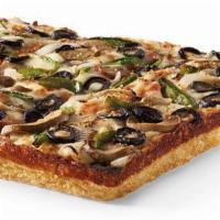 Veggie Detroit Style Deep Dish Pizza · Large detroit-style deep dish pizza with green peppers, onions, mushrooms, black olives and ...