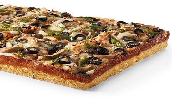 Veggie Detroit Style Deep Dish Pizza · Large detroit-style deep dish pizza with green peppers, onions, mushrooms, black olives and veggie seasoning.