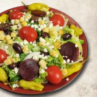 Greek Salad · Romaine lettuce, tomatoes, feta cheese, beets, Kalamata olives, onions, cucumbers, pepperonc...