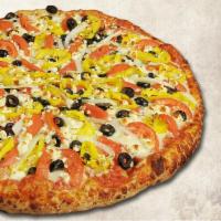 Mediterranean Pizza · Feta and mozzarella cheese, onions, black olives, tomatoes, and mild peppers.
