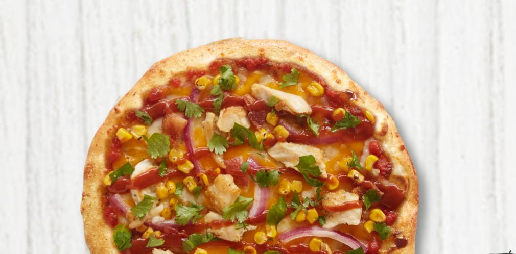 BBQ Chicken Pizza · Zesty BBQ and tomato-basil sauce, mozzarella and cheddar, grilled chicken, bacon, red onions, corn and cilantro.