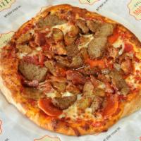 Big Max Pizza · Tomato-basil sauce, mozzarella, pepperoni, Italian sausage, bacon and handmade meatballs.