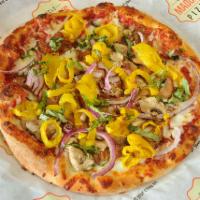 The Italian Pizza · Tomato-basil sauce, mozzarella, spicy Italian sausage, red onions, mushrooms, banana peppers...