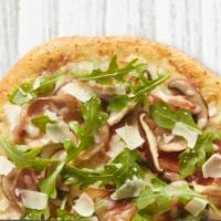 Mushroom Truffle Pizza · Garlic olive oil, mozzarella, Fontina, baby portabellas, prosciutto, white mushrooms, arugul...