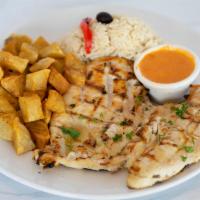 Peito de Frango  · Grilled Chicken Breast served with Rice and fried Potatoes 