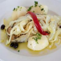 Bacalhau à Lagareiro · Grilled Codfish served with oven roasted punched Potatoes, roasted Peppers, Olive Oil and On...