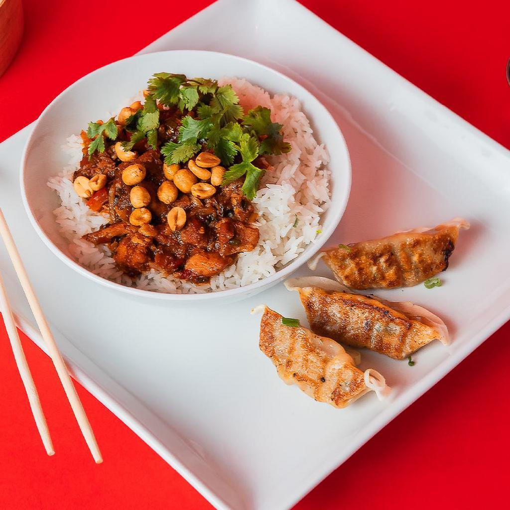 Bowl and 3 Potstickers · A choice of a Teriyaki Chicken, Spicy Kung Pao Chicken, or Orange Chicken bowl, and 3 Ginger Chicken or Green Vegetable potstickers.