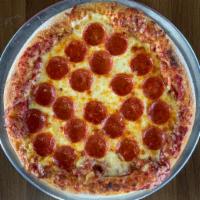 Pepperoni Pizza “14 · Medium-thin crust with red wine marinara.  Garlic/Pesto/Basil brushed crust, covered with mo...