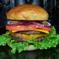 Heresy Burger · This burger rocks! Double meat, green leaf lettuce, tomato, red onion, pickles, served on a ...