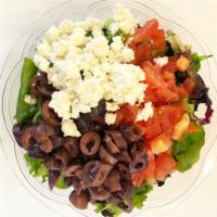 Greek Salad · Mixed greens, Kalamata olives, Roma tomatoes, and feta cheese with herb vinaigrette.