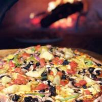 Veggie Deluxe Pizza · Mushrooms, artichoke hearts, olives, red onions, green peppers, Roma tomatoes, mozzarella, a...