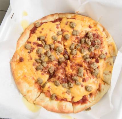 Bacon Cheeseburger Pizza · Hamburger topped with cheese and bacon. 