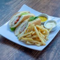 Turkey Sandwich · Thinly sliced turkey breast with Swiss cheese, mayonnaise, lettuce, tomato and mustard on a ...