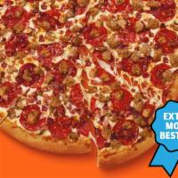 ExtraMostBestTest 3 Meat Treat Pizza · Large round pizza with pepperoni, Italian sausage and bacon.