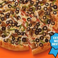 Extra Most Bestest Veggie Pizza · Large round pizza with green peppers, onions, mushrooms, black olives and Italian seasoning. 